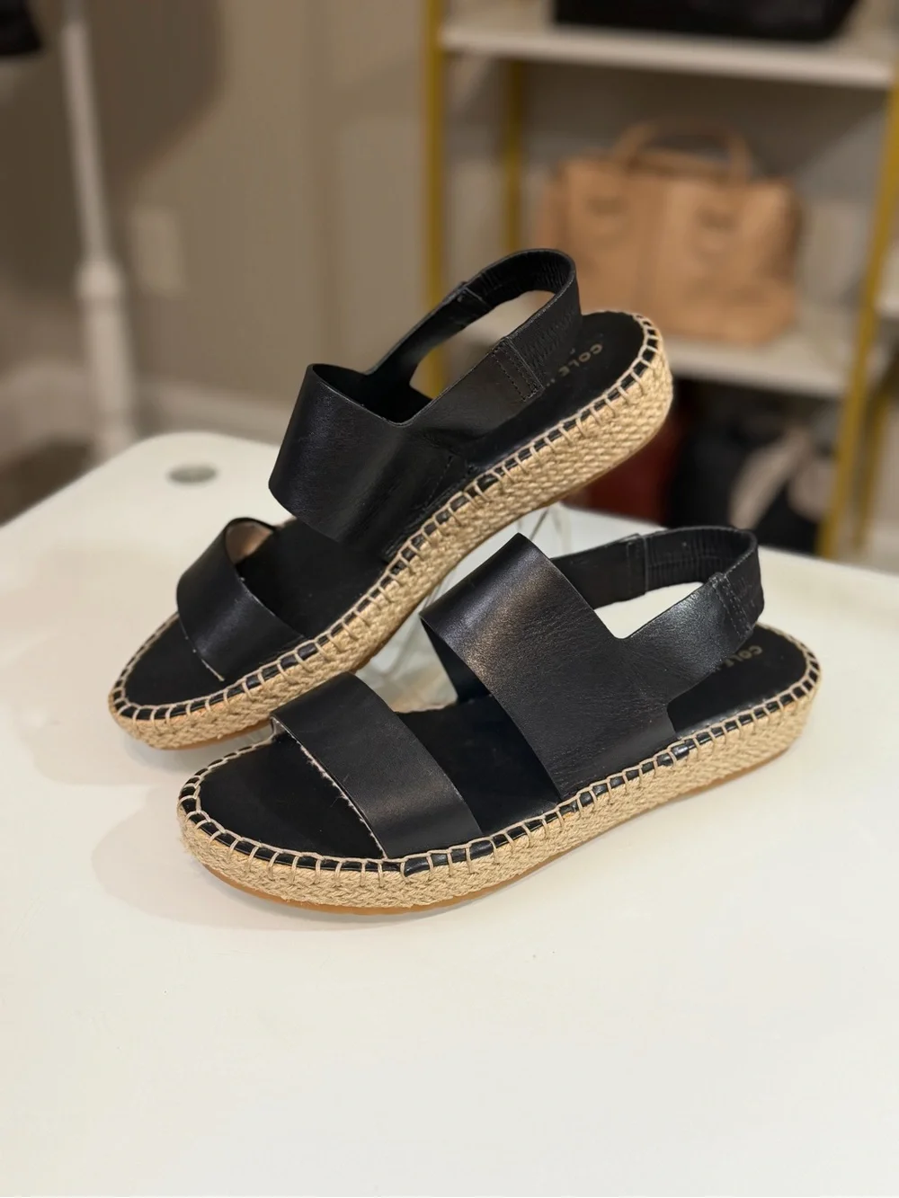 Cole Haan Cloudfeel Tilden Espadrille Sandals Black Leather Size 8